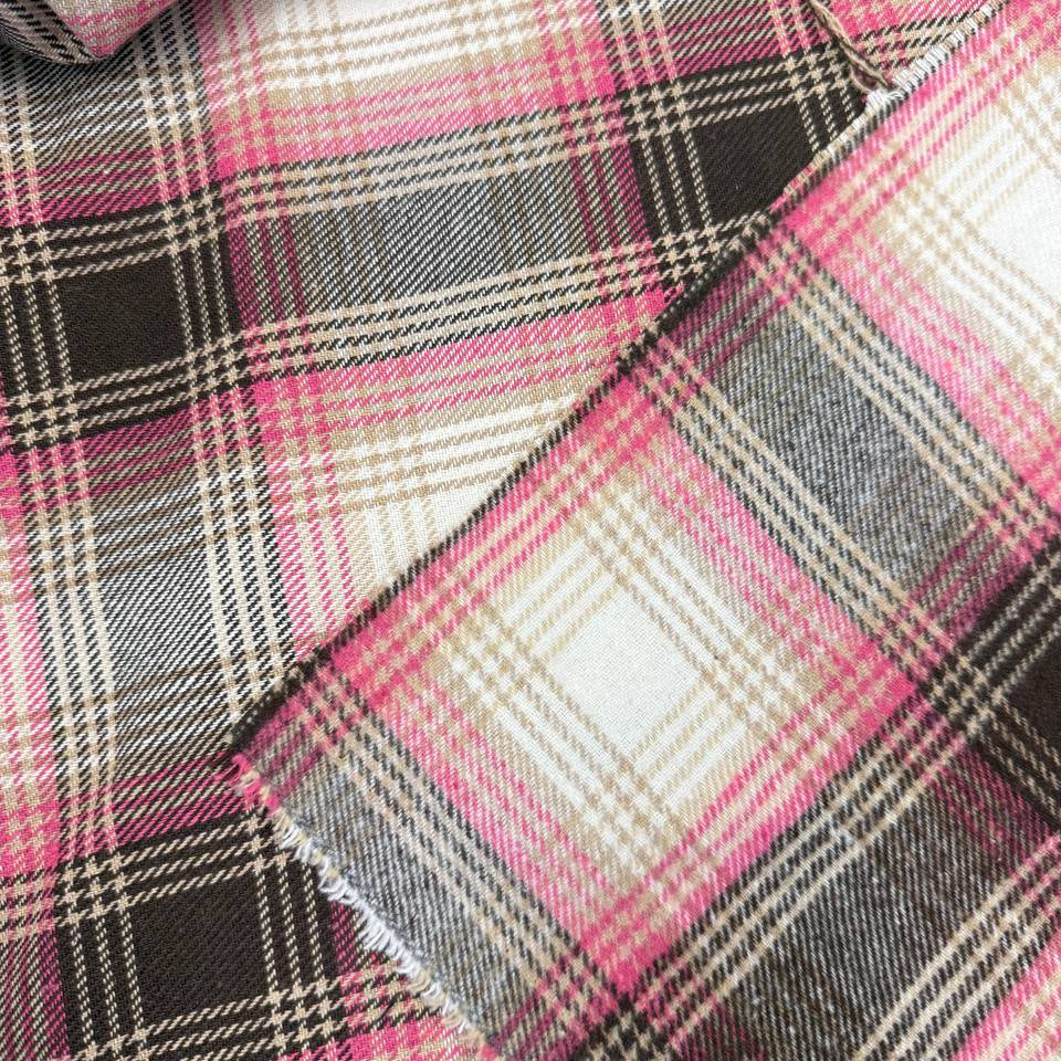 Pink, black, beige, grey and white yarn-dyed plaid fabric, 65% polyester and 35% rayon, double-sided tartan fabric.