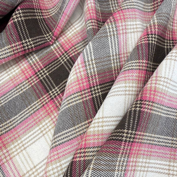 Pink, black, beige, grey and white yarn-dyed plaid fabric, 65% polyester and 35% rayon, double-sided tartan fabric.