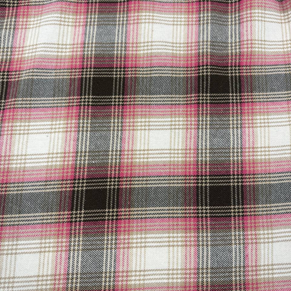 Pink, black, beige, grey and white yarn-dyed plaid fabric, 65% polyester and 35% rayon, double-sided tartan fabric.