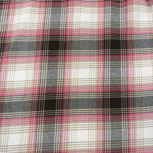 Pink, black, beige, grey and white yarn-dyed plaid fabric, 65% polyester and 35% rayon, double-sided tartan fabric.