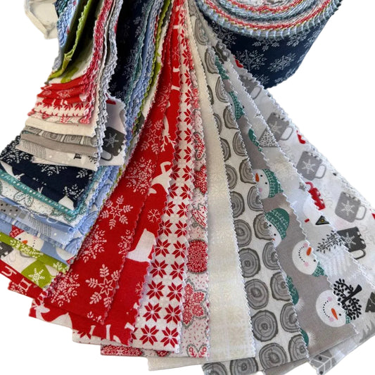 Nordic Cabin Maple Roll by Benartex featuring 40 coordinated cotton fabric strips in winter-themed prints and colours.