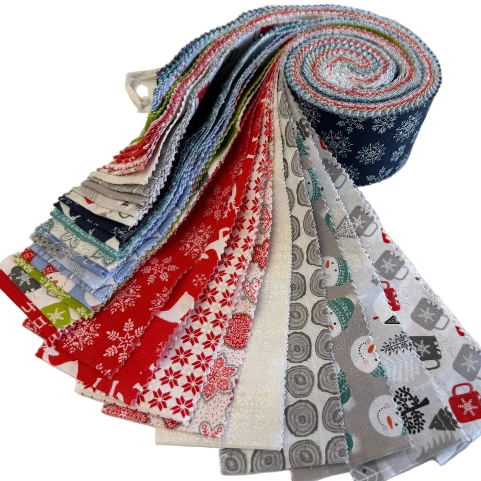 Nordic Cabin Maple Roll by Benartex featuring 40 coordinated cotton fabric strips in winter-themed prints and colours.