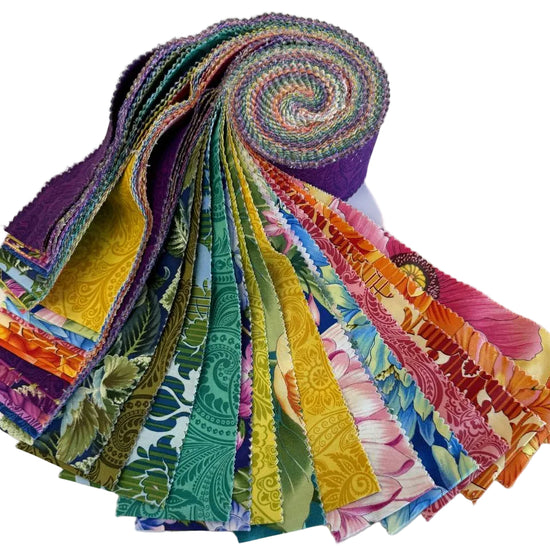 Flower Festival 2 Maple Roll by Benartex featuring 40 coordinated cotton fabric strips in vibrant floral and paisley prints.
