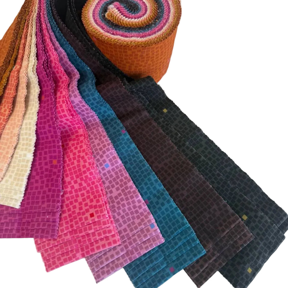 Pixel Jelly Roll by Rashida Coleman-Hale for Ruby Star Society featuring colorful quilting cotton strips in copper, pink, cream, lavender, teal, and charcoal shades with a modern pixel pattern.