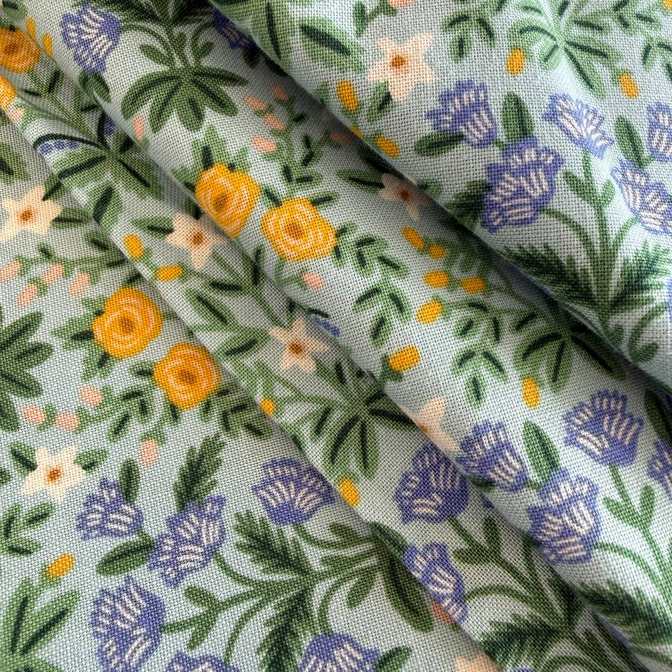 light blue fabric with yellow, white and blue floral pattern for sewing and quilting – Sasha’s Atelier Canada