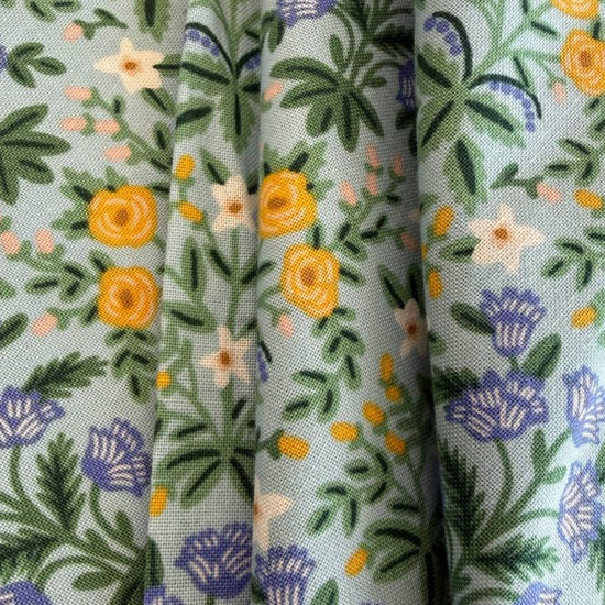 light blue fabric with yellow, white and blue floral pattern for sewing and quilting – Sasha’s Atelier Canada