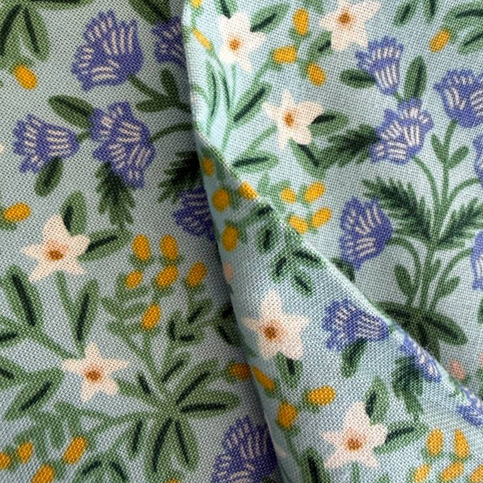 light blue fabric with yellow, white and blue floral pattern for sewing and quilting – Sasha’s Atelier Canada