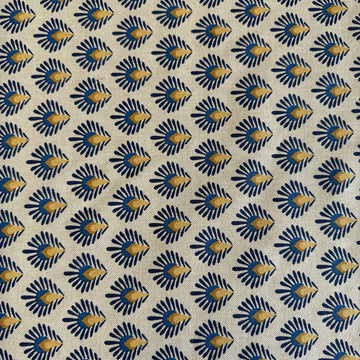 Beautiful 100% cotton home décor fabric with a structured weave and decorative botanical pattern in deep blue and warm mustard tones on a natural background.