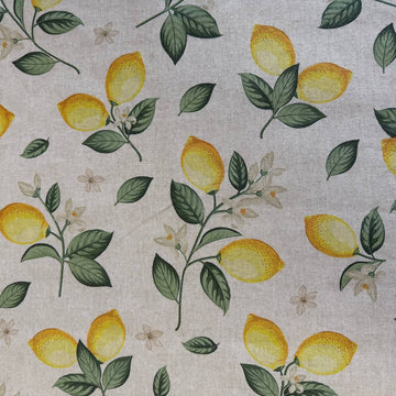 Elegant home décor fabric featuring a fresh botanical lemon print on a soft ivory background. 