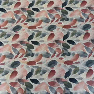 Modern home décor fabric featuring an abstract leaf pattern in soft earthy tones. 