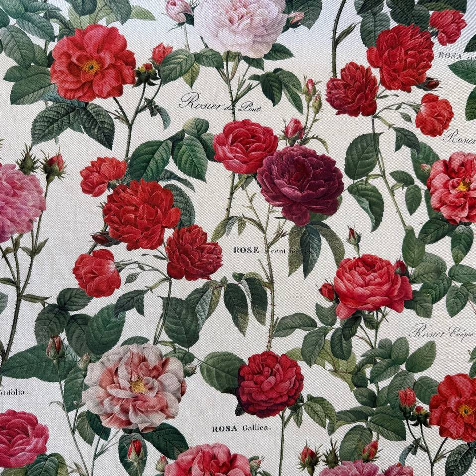 Ivory Background with Red & Pink Roses -Vintage Botanical Rose Cotton Fabric Sasha's Atelier Canada