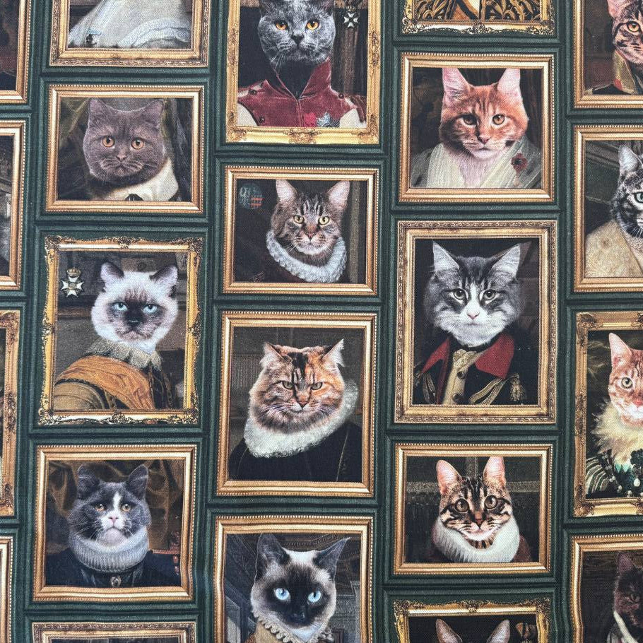 Vintage Cat Portrait Cotton Fabric – Green Gallery Frames Print Sasha's Atelier Canada