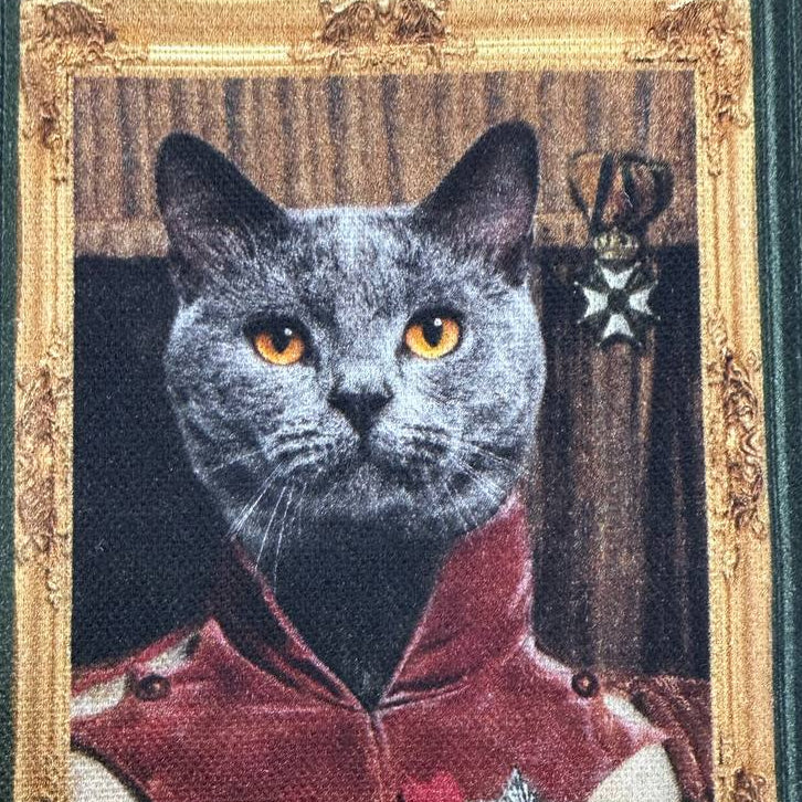 Unique and artistic cotton fabric featuring vintage-style cat portraits displayed in elegant gallery frames.
