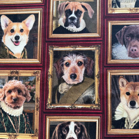 Unique cotton fabric with a playful vintage-style dog portrait print.