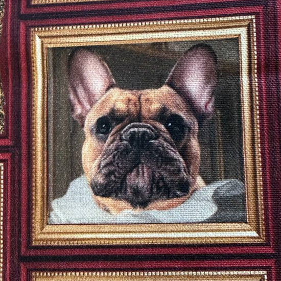 Unique cotton fabric with a playful vintage-style dog portrait print.