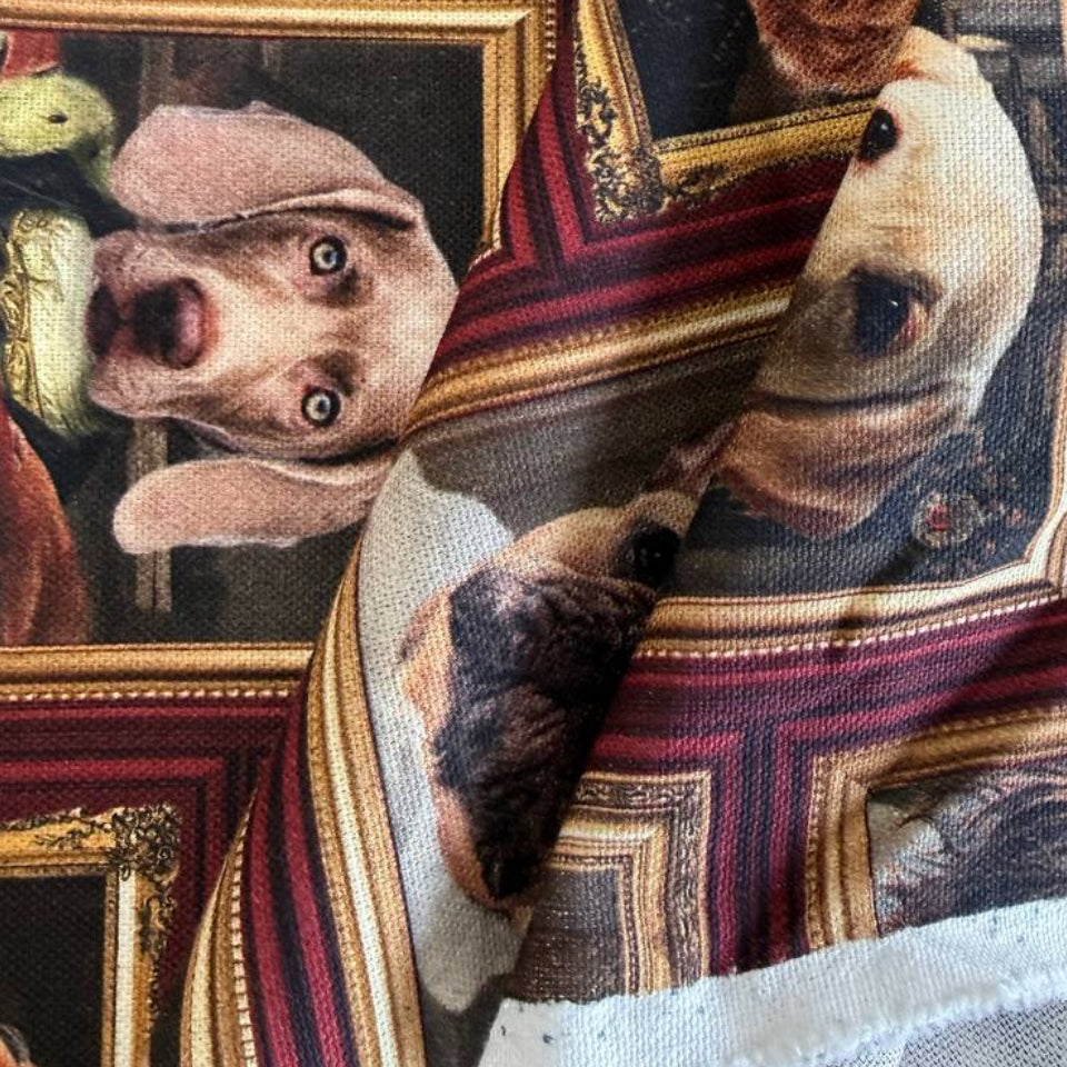 Unique cotton fabric with a playful vintage-style dog portrait print.