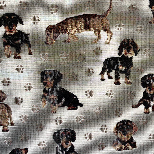 Decorative tapestry upholstery fabric featuring charming dog motifs on a soft beige background.