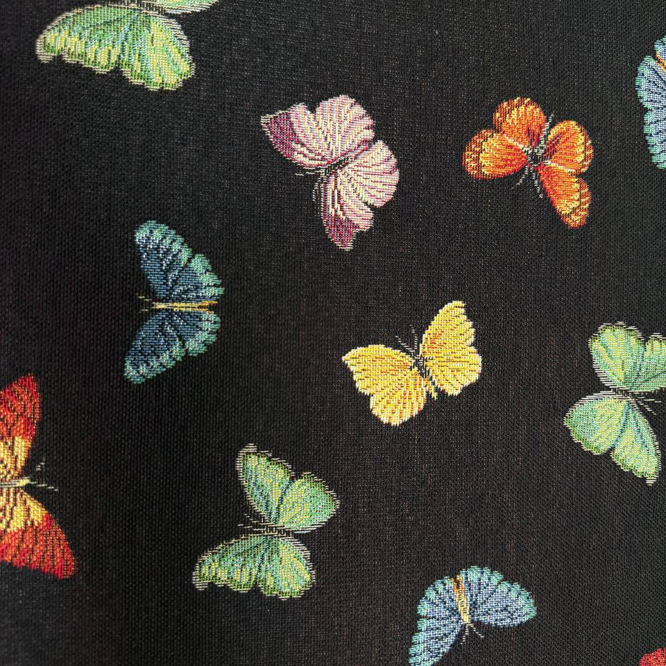 Colorful butterfly tapestry upholstery fabric on black background – Sasha’s Atelier Canada
