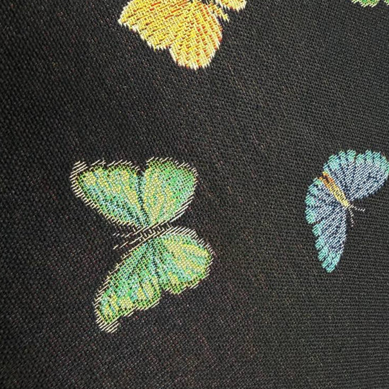 Colorful butterfly tapestry upholstery fabric on black background – Sasha’s Atelier Canada