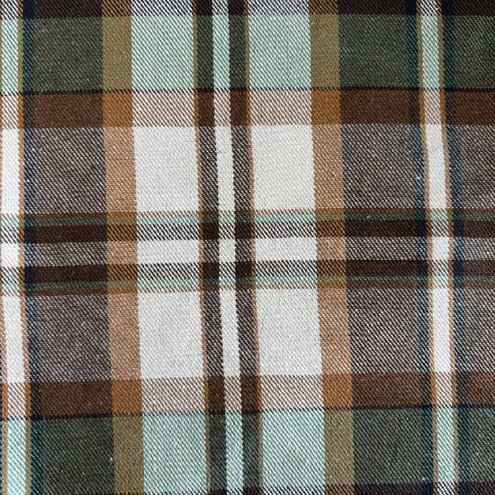 Green brown plaid yarn dyed fabric fiber composition label