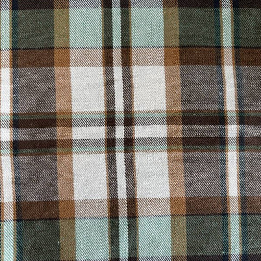 Green brown plaid yarn dyed fabric fiber composition label