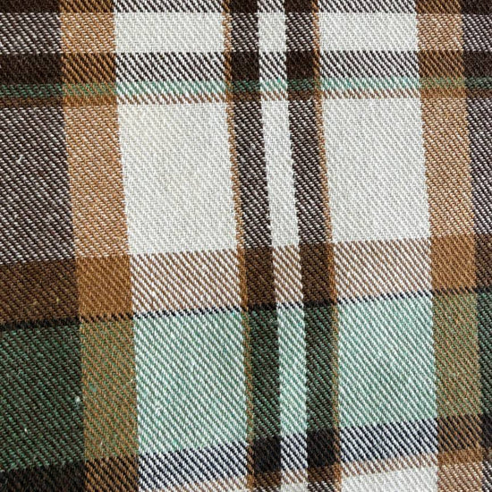 Green brown plaid yarn dyed fabric fiber composition label