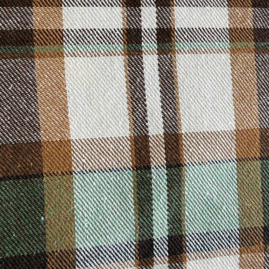 Green brown plaid yarn dyed fabric fiber composition label