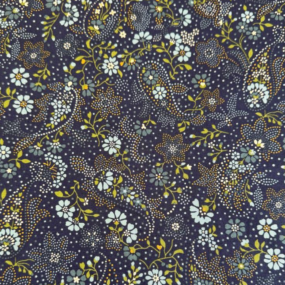 Chelsea Garden Drizzle floral cotton fabric by Moda Fabrics with small blue flowers on dark blue background