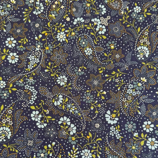 Chelsea Garden Drizzle floral cotton fabric by Moda Fabrics with small blue flowers on dark blue background