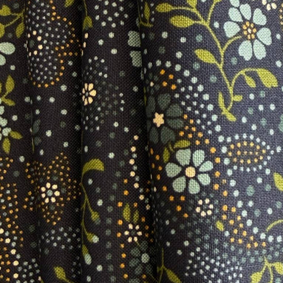 Chelsea Garden Drizzle floral cotton fabric by Moda Fabrics with small blue flowers on dark blue background