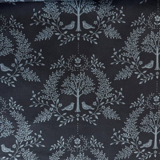 Family Tree cotton quilting fabric Night Sky by Deb Strain for Moda with botanical tree and birds pattern on dark blue background