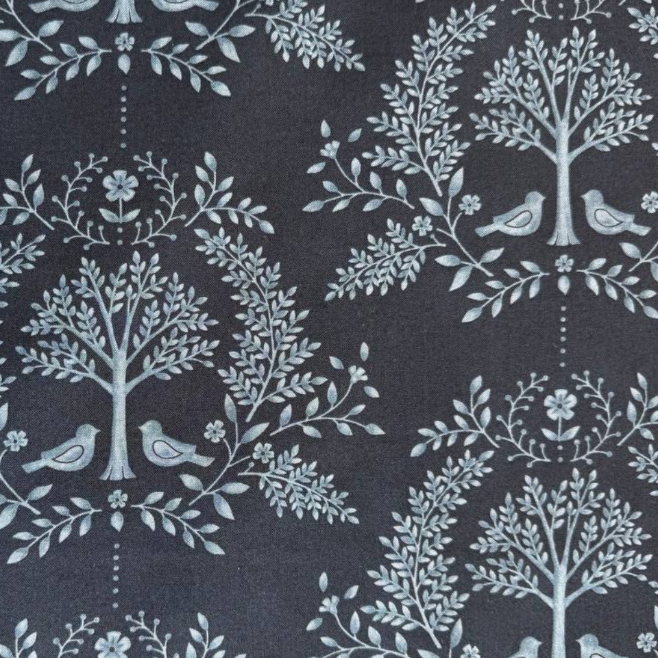 Family Tree cotton quilting fabric Night Sky by Deb Strain for Moda with botanical tree and birds pattern on dark blue background