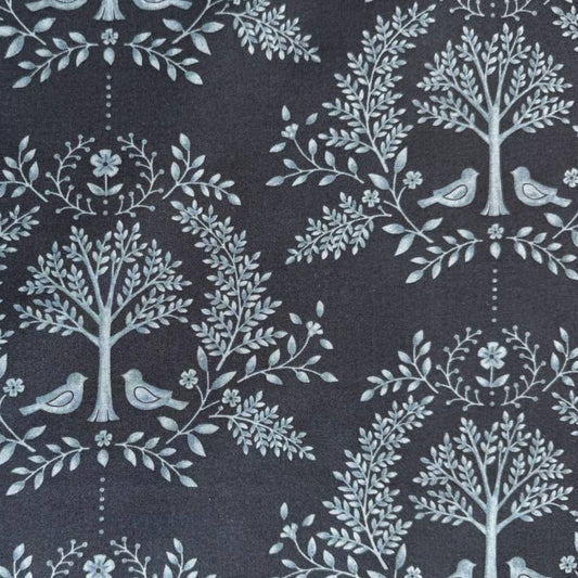 Family Tree cotton quilting fabric Night Sky by Deb Strain for Moda with botanical tree and birds pattern on dark blue background