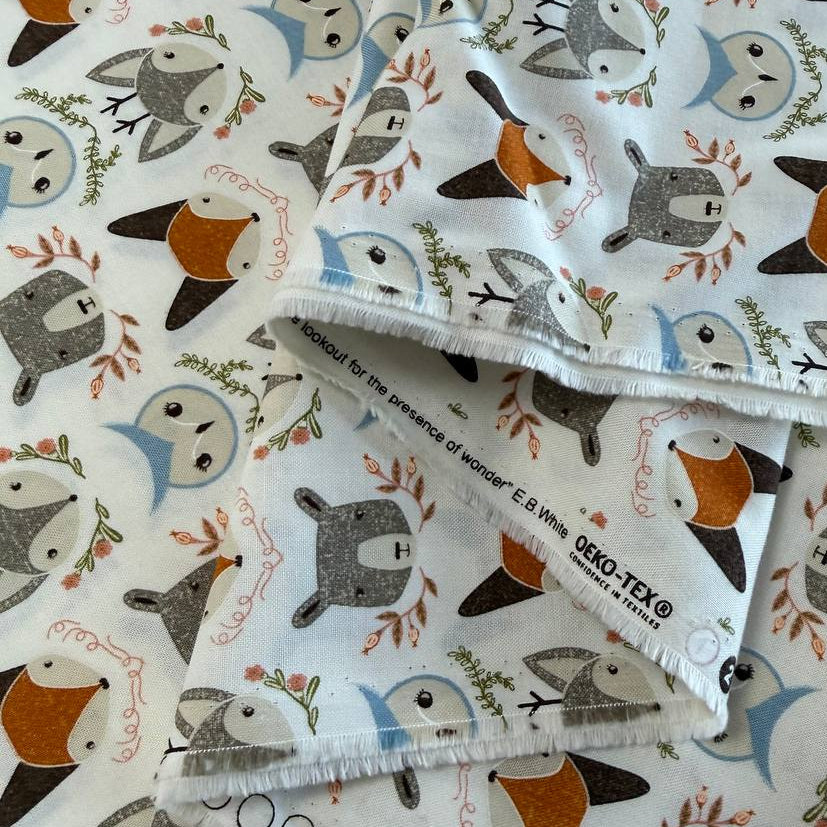 Woodland Wonder by Gingiber for Moda Fabrics featuring foxes, bears, owls, and woodland animals on Cloud, Blush, and Midnight backgrounds, 100% cotton quilting fabric.