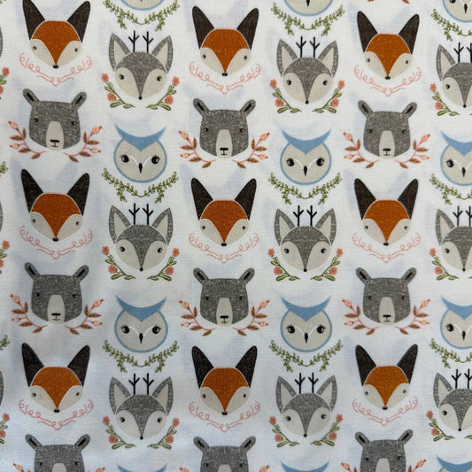 Woodland Wonder by Gingiber for Moda Fabrics featuring foxes, bears, owls, and woodland animals on Cloud, Blush, and Midnight backgrounds, 100% cotton quilting fabric.