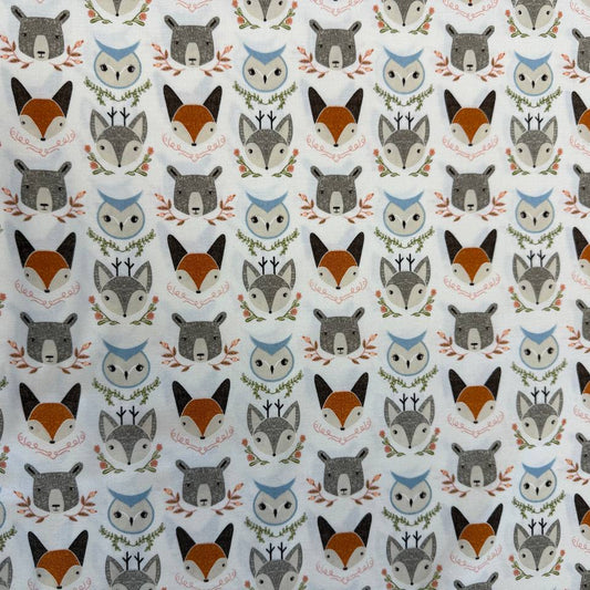 Woodland Wonder by Gingiber for Moda Fabrics featuring foxes, bears, owls, and woodland animals on Cloud, Blush, and Midnight backgrounds, 100% cotton quilting fabric.
