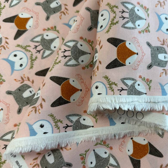 Woodland Wonder by Gingiber for Moda Fabrics featuring foxes, bears, owls, and woodland animals on Cloud, Blush, and Midnight backgrounds, 100% cotton quilting fabric.