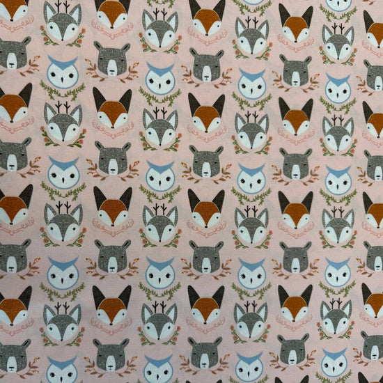 Woodland Wonder by Gingiber for Moda Fabrics featuring foxes, bears, owls, and woodland animals on Cloud, Blush, and Midnight backgrounds, 100% cotton quilting fabric.