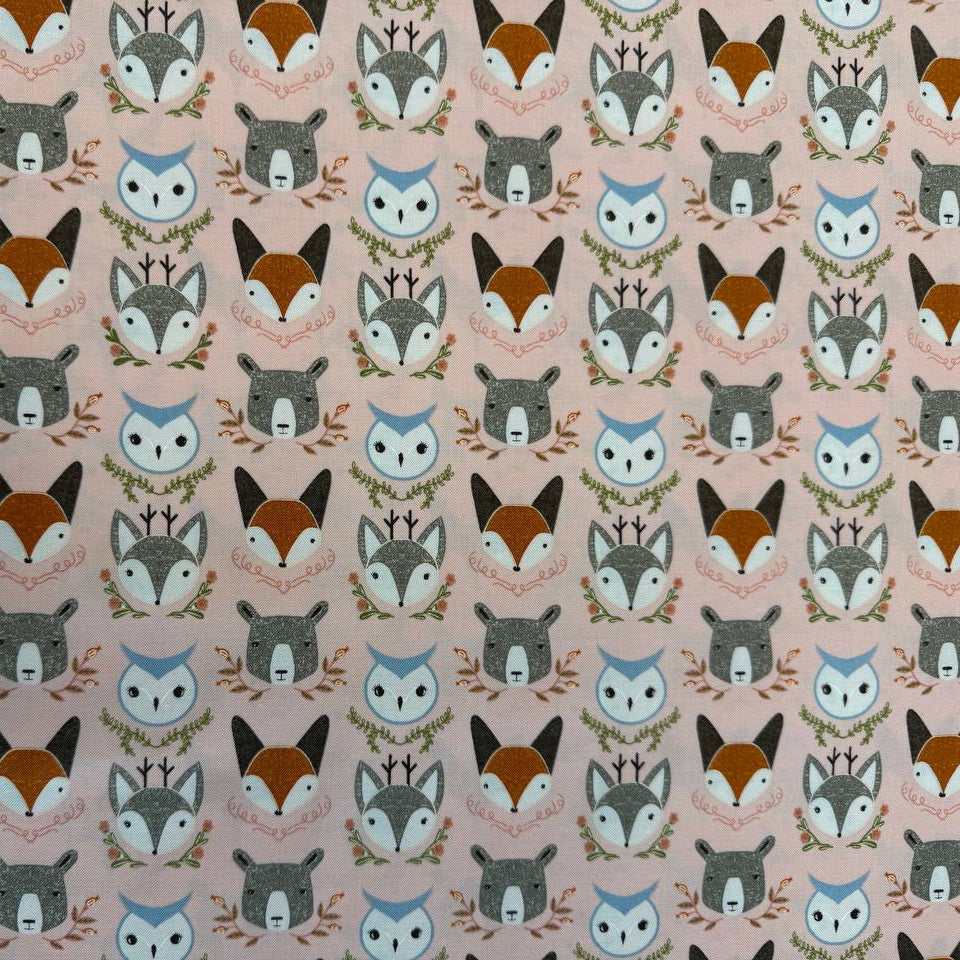 Woodland Wonder by Gingiber for Moda Fabrics featuring foxes, bears, owls, and woodland animals on Cloud, Blush, and Midnight backgrounds, 100% cotton quilting fabric.