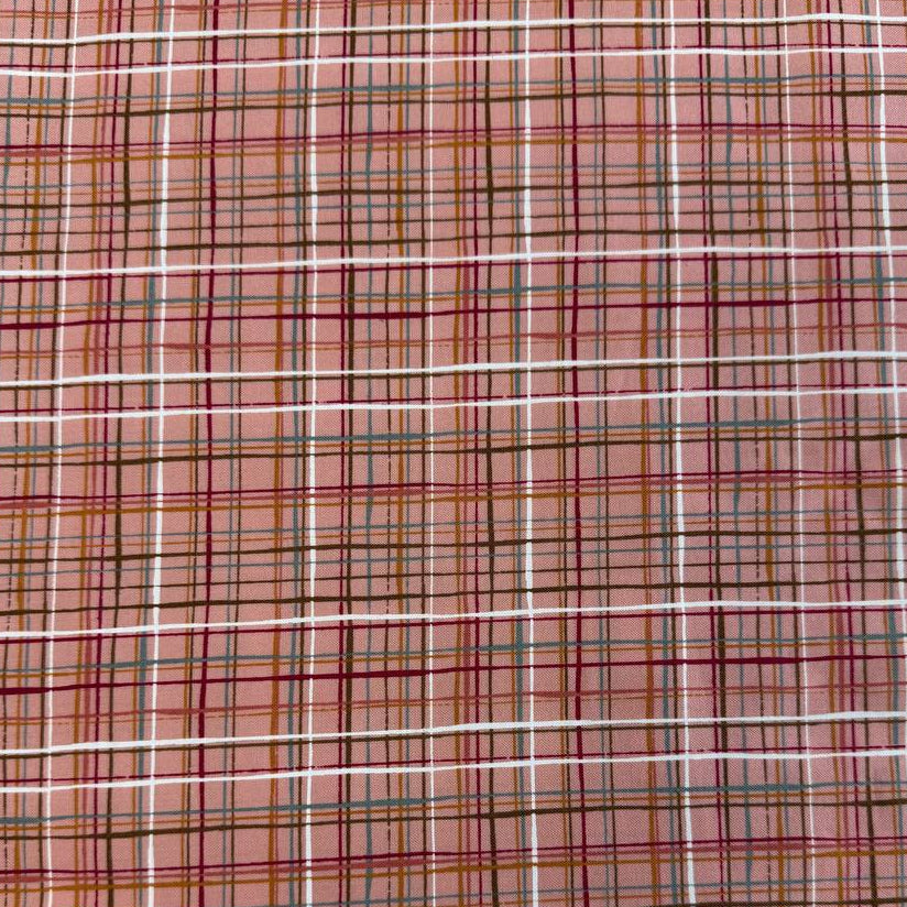 Pink quilting cotton featuring an intricate woven line plaid design in blush, burgundy, grey, gold, and white from the Things Above collection by Moda Fabrics.