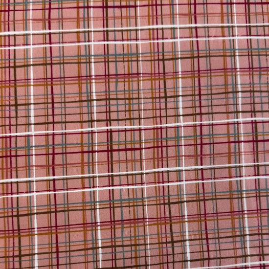 Pink quilting cotton featuring an intricate woven line plaid design in blush, burgundy, grey, gold, and white from the Things Above collection by Moda Fabrics.