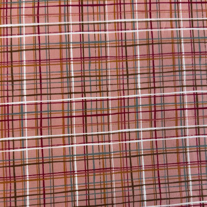 Pink quilting cotton featuring an intricate woven line plaid design in blush, burgundy, grey, gold, and white from the Things Above collection by Moda Fabrics.