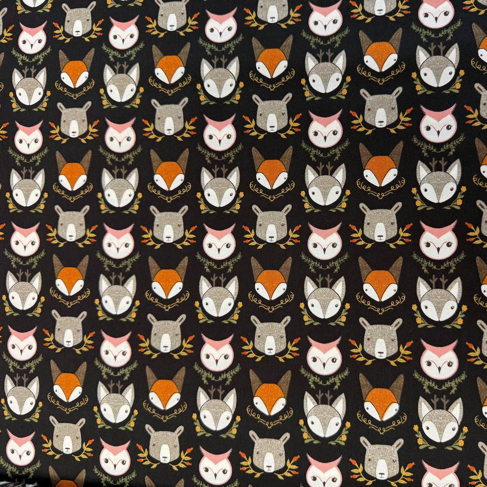 Woodland Wonder by Gingiber for Moda Fabrics featuring foxes, bears, owls, and woodland animals on Cloud, Blush, and Midnight backgrounds, 100% cotton quilting fabric.