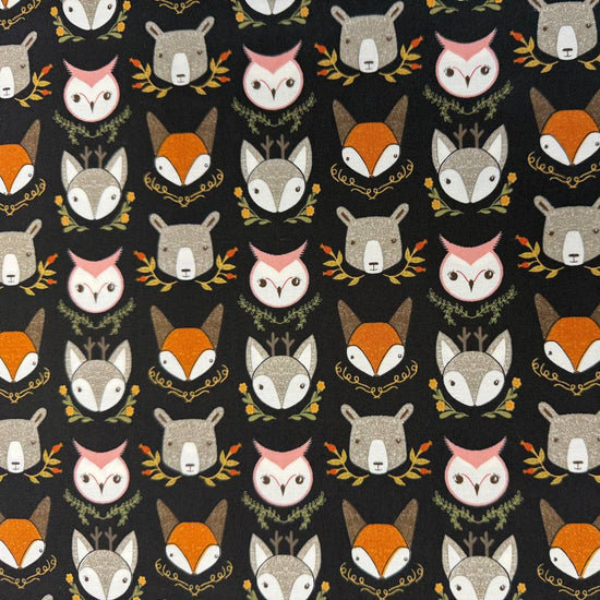 Woodland Wonder by Gingiber for Moda Fabrics featuring foxes, bears, owls, and woodland animals on Cloud, Blush, and Midnight backgrounds, 100% cotton quilting fabric.