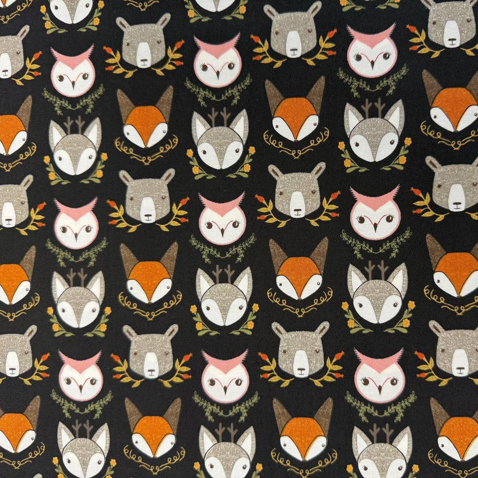 Woodland Wonder by Gingiber for Moda Fabrics featuring foxes, bears, owls, and woodland animals on Cloud, Blush, and Midnight backgrounds, 100% cotton quilting fabric.