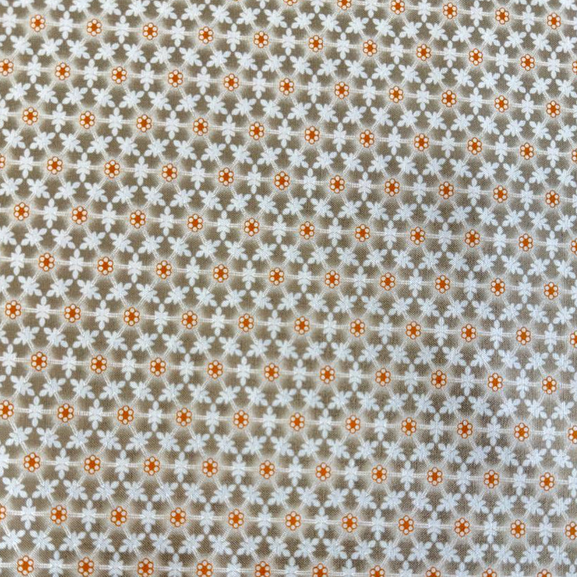 Small white floral lattice print with orange flower centers on a soft taupe smoke background from Agatha Road by Fig Tree & Co. for Moda.