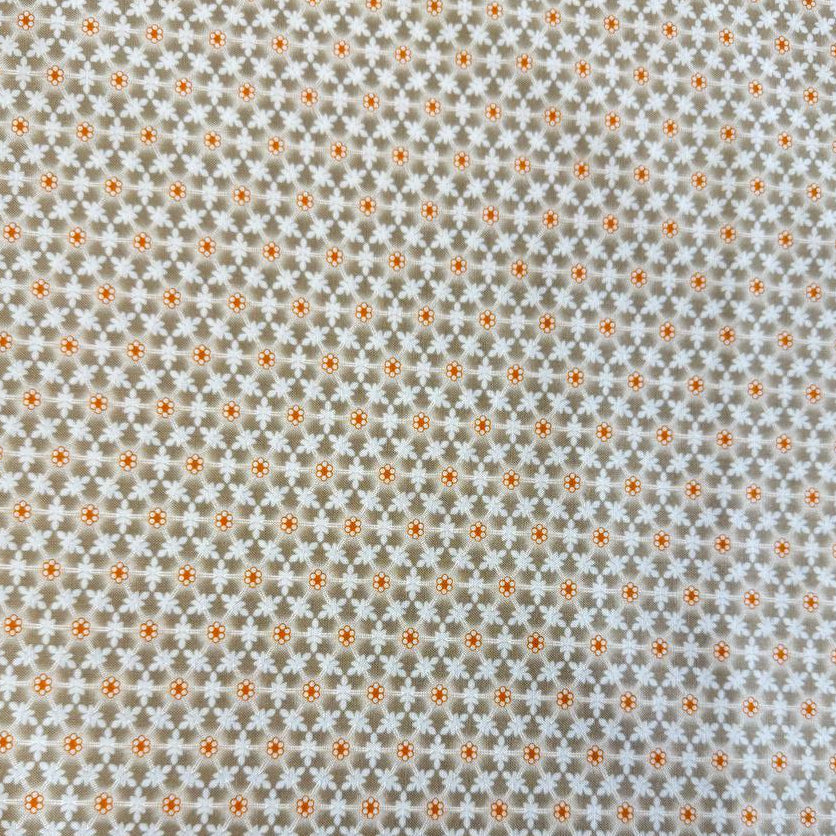 Small white floral lattice print with orange flower centers on a soft taupe smoke background from Agatha Road by Fig Tree & Co. for Moda.