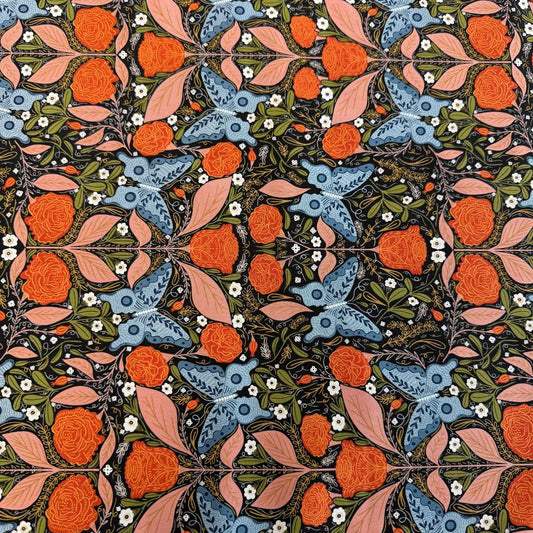 Woodland Wonder Midnight quilting cotton featuring blue butterflies, orange roses, pink leaves, and botanical motifs on a black background by Gingiber for Moda Fabrics.