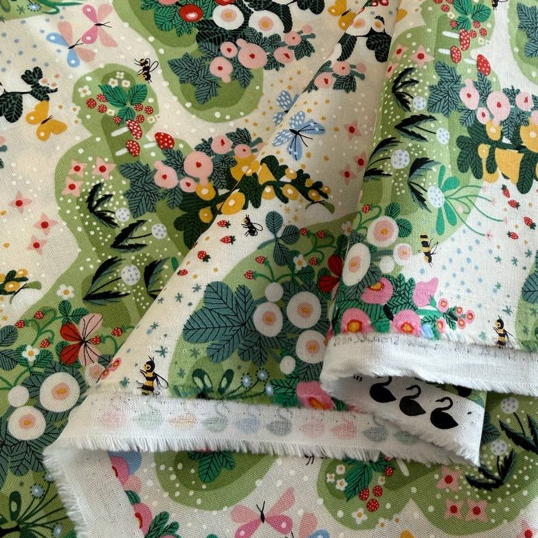 Love Letter Eggshell quilting cotton by Lizzy House for Moda Fabrics featuring colorful flowers, bees, dragonflies, berries, and greenery on a soft cream background.
