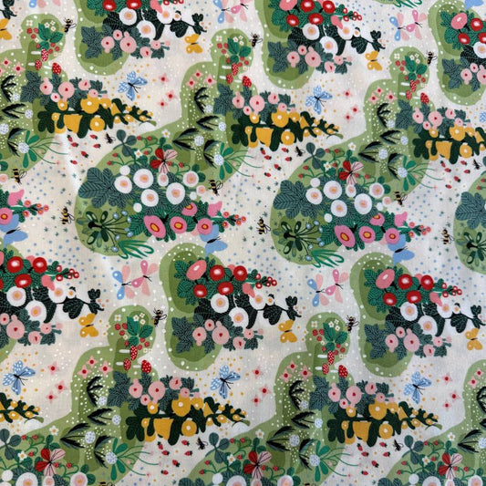 Love Letter Eggshell quilting cotton by Lizzy House for Moda Fabrics featuring colorful flowers, bees, dragonflies, berries, and greenery on a soft cream background.